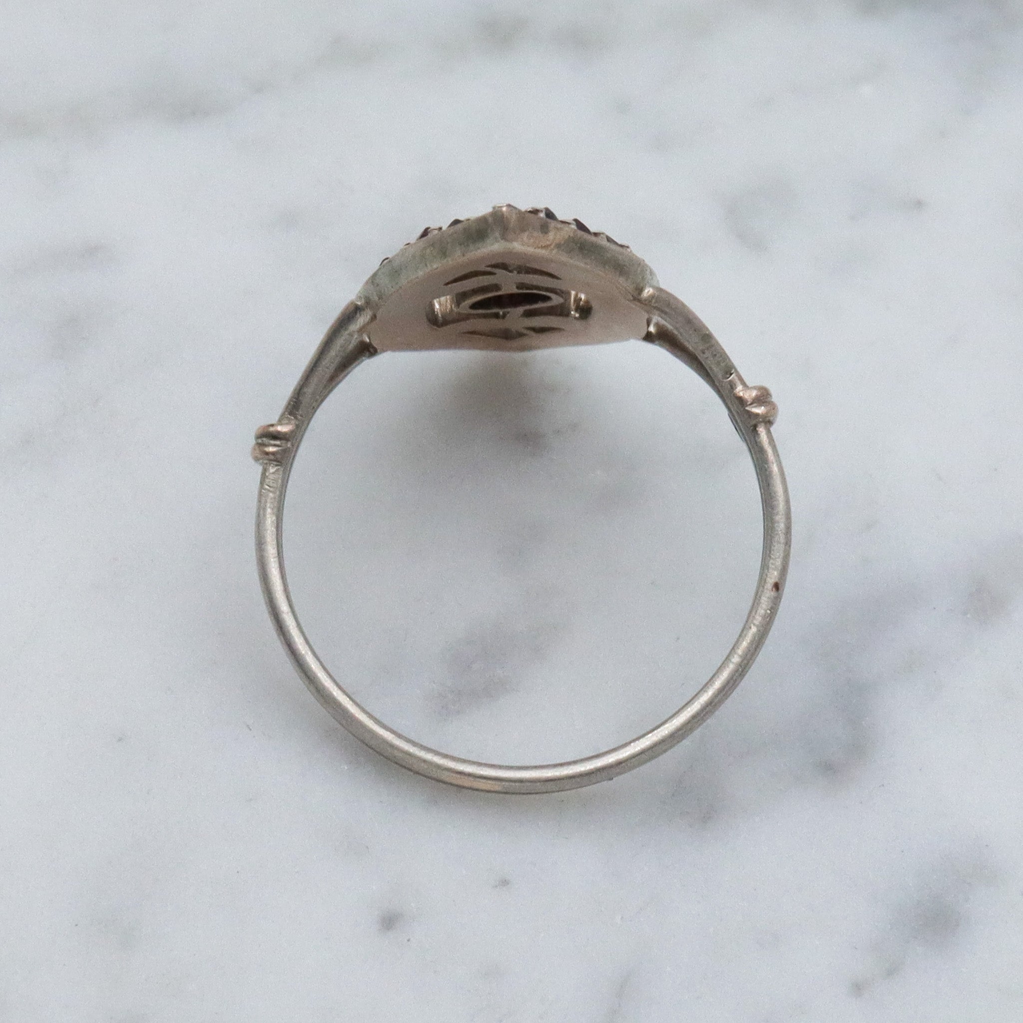 Antique sterling silver Bohemian rose cut garnet navette ring, sz 7.75